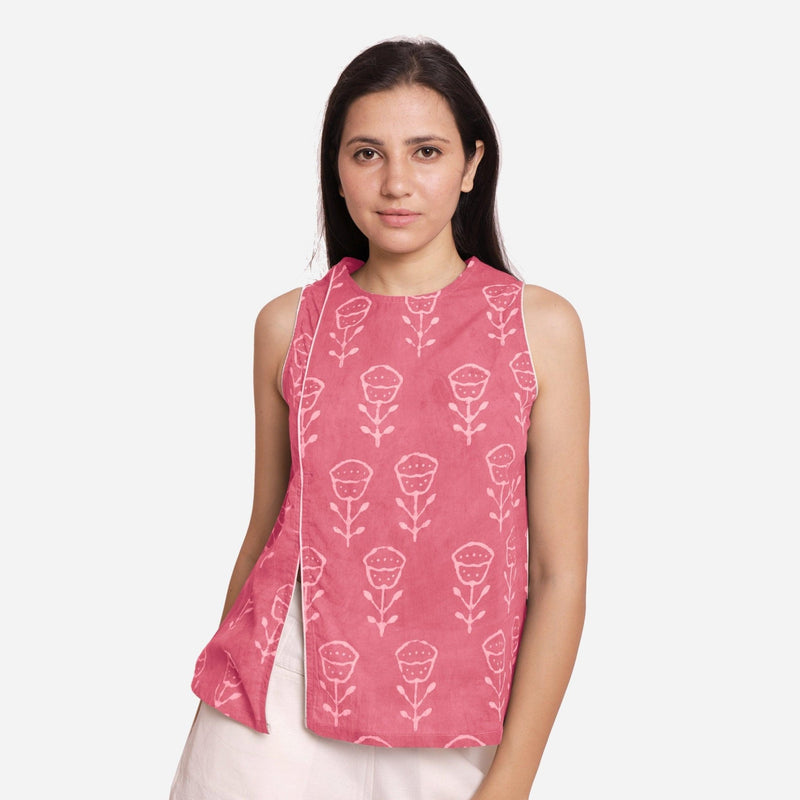 Front View of a Model wearing Pink Dabu Block Print Cotton Asymmetrical Slit Top