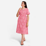 Front View of a Model wearing Pink Dabu Block Printed Cotton Midi Dress