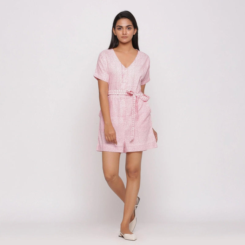 Front View of a Model wearing Pink Ditsy Block Print Cotton Short Romper