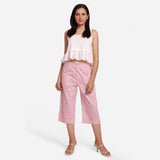 Front View of a Model wearing Pink Hand Block Printed Mid Rise Culottes