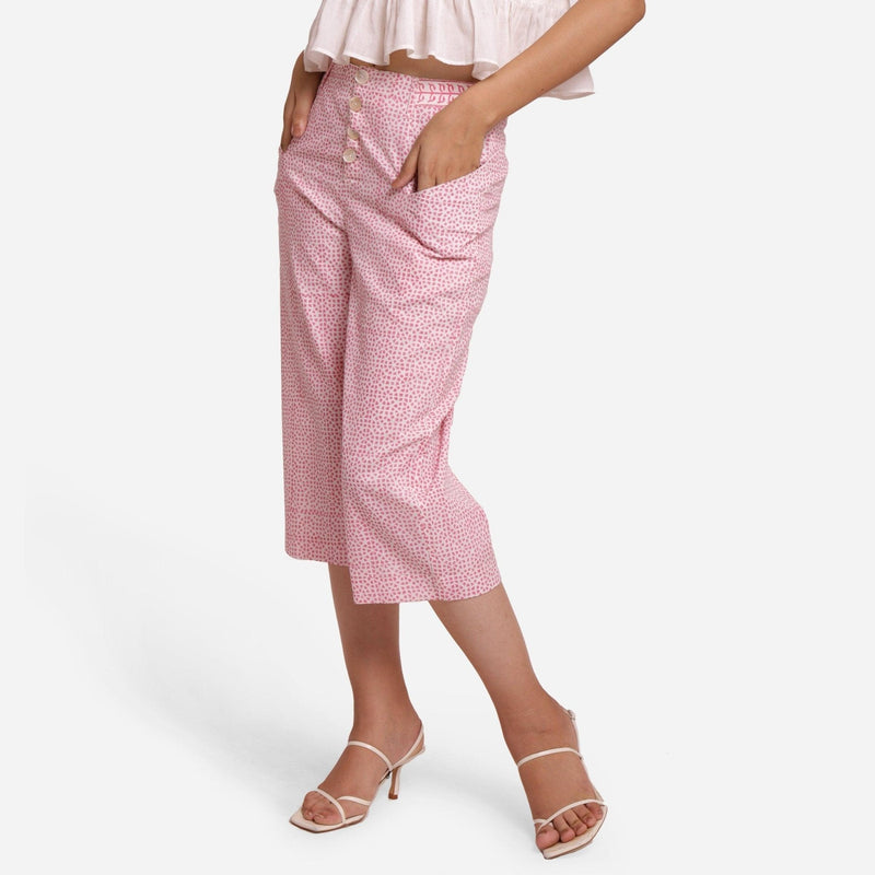 Left View of a Model wearing Pink Hand Block Printed Mid Rise Culottes