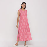 Right View of a Model wearing Pink Floral Dabu Block Print Cotton Maxi Dress