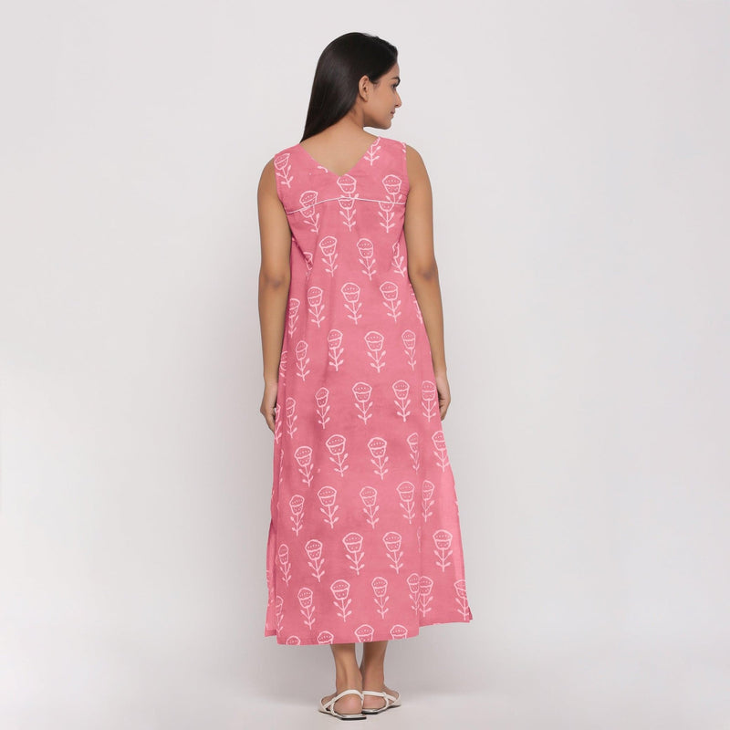 Back View of a Model wearing Pink Floral Dabu Block Print Cotton Maxi Dress