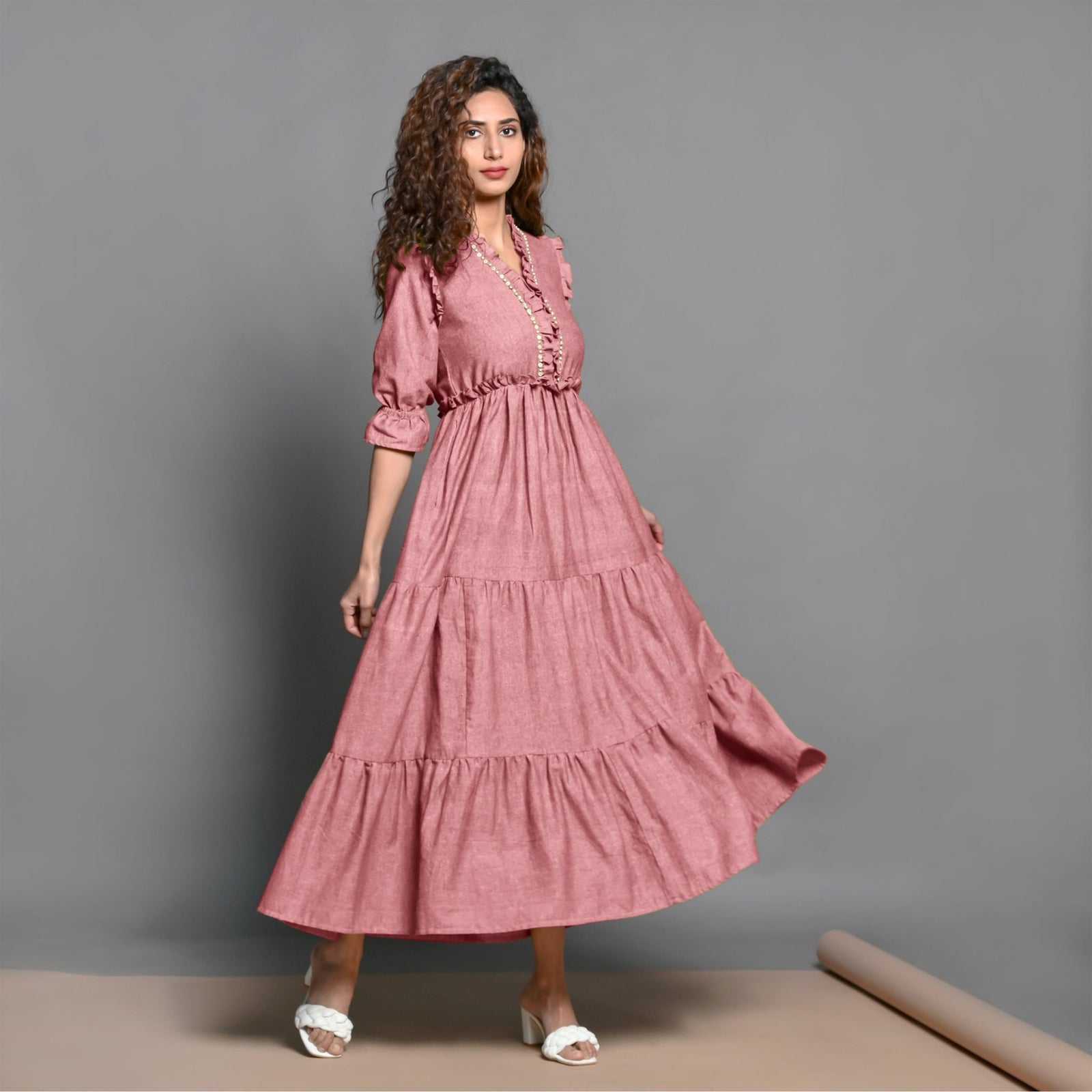 Pink Hand-Beaded Cotton Flax Boho Maxi Dress Custom Size (Free) / Tall (5'7" and above) Pink Hand-Beaded Cotton Flax Boho Maxi Dress Custom Size (Free) / Tall (5'7" and above)