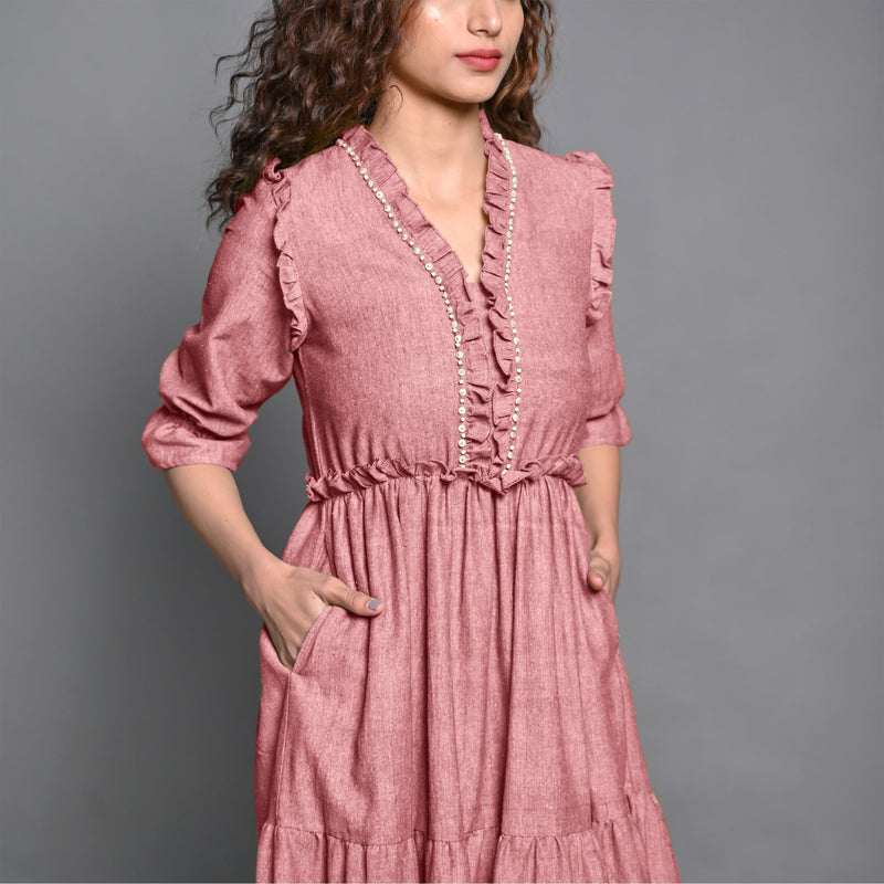 Pink Hand-Beaded Cotton Flax Boho Maxi Dress