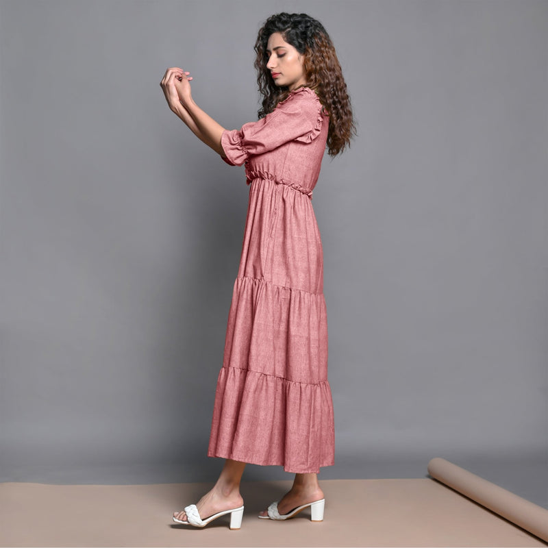 Pink Hand-Beaded Cotton Flax Boho Maxi Dress