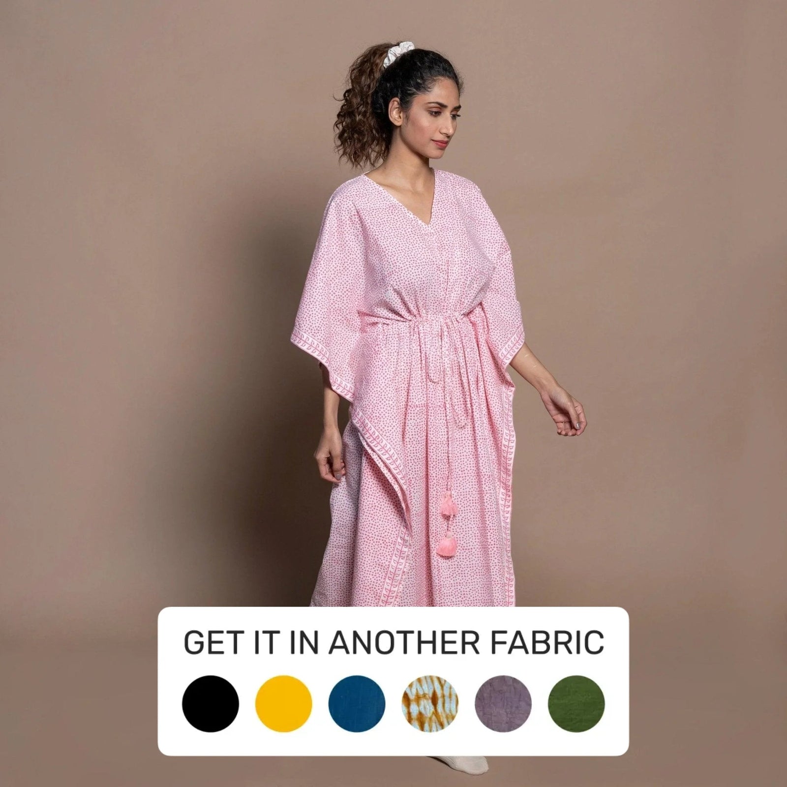 Pink Hand Block Printed Cotton Maxi Kaftan Dress Pink Hand Block Printed Cotton Maxi Kaftan Dress