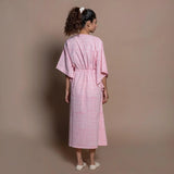 Back View of a Model wearing Pink Hand Block Printed Cotton Midi Kaftan Dress