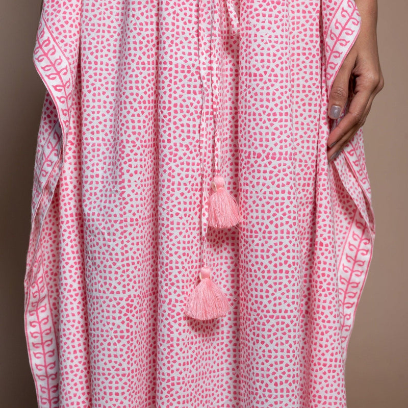 Close View of a Model wearing Pink Hand Block Printed Cotton Kaftan