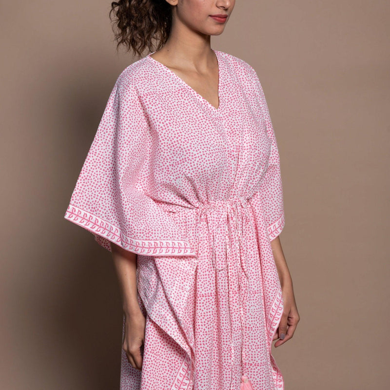 Front Detail of a Model wearing Pink Hand Block Printed Cotton Kaftan