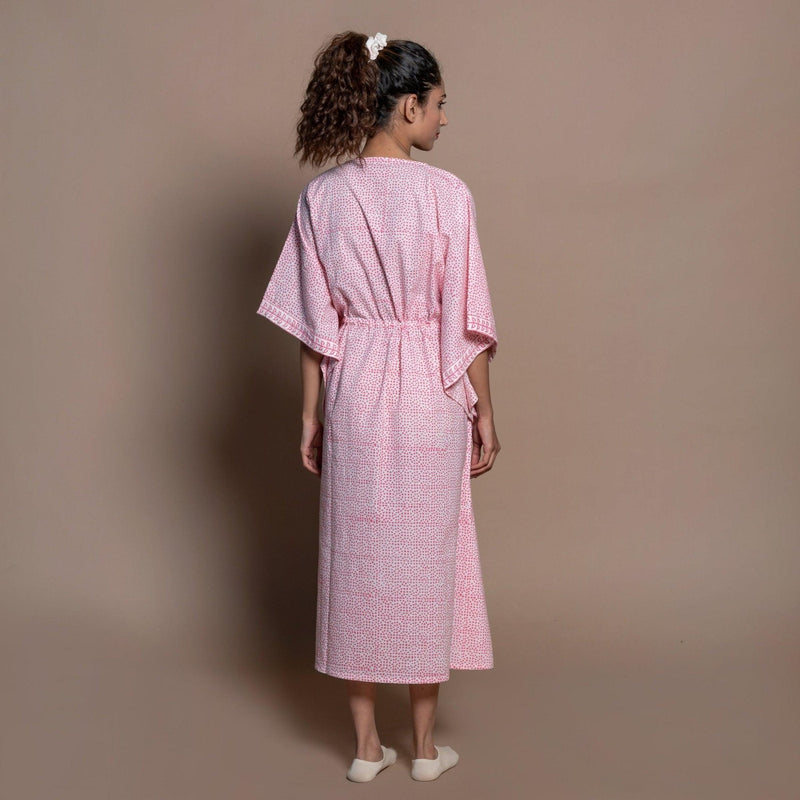 Back View of a Model wearing Pink Hand Block Printed Cotton Kaftan