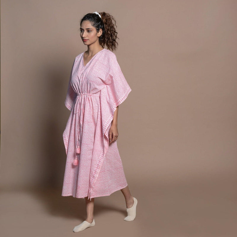 Left View of a Model wearing Pink Hand Block Printed Cotton Kaftan