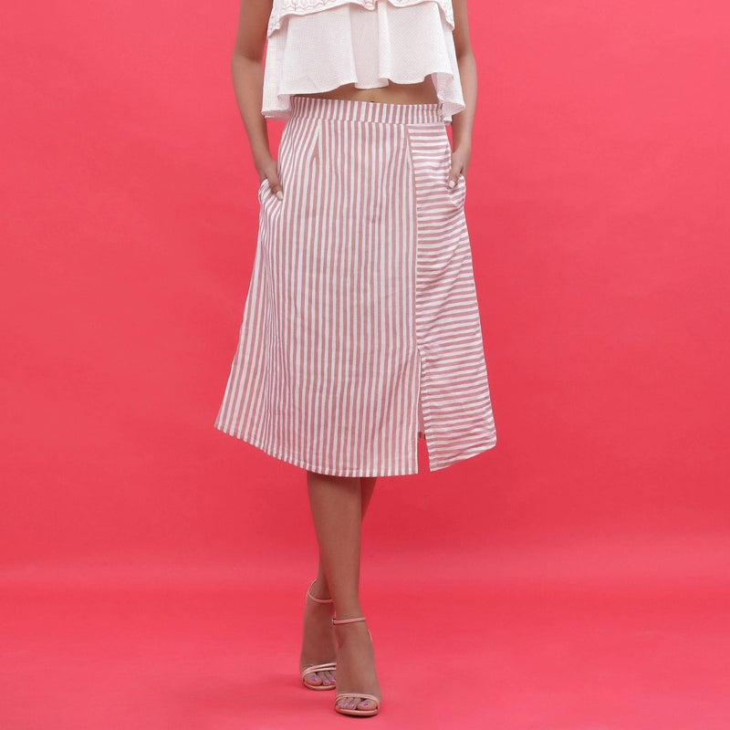 Front View of a Model wearing Pink Hand Screen Printed A-Line Skirt