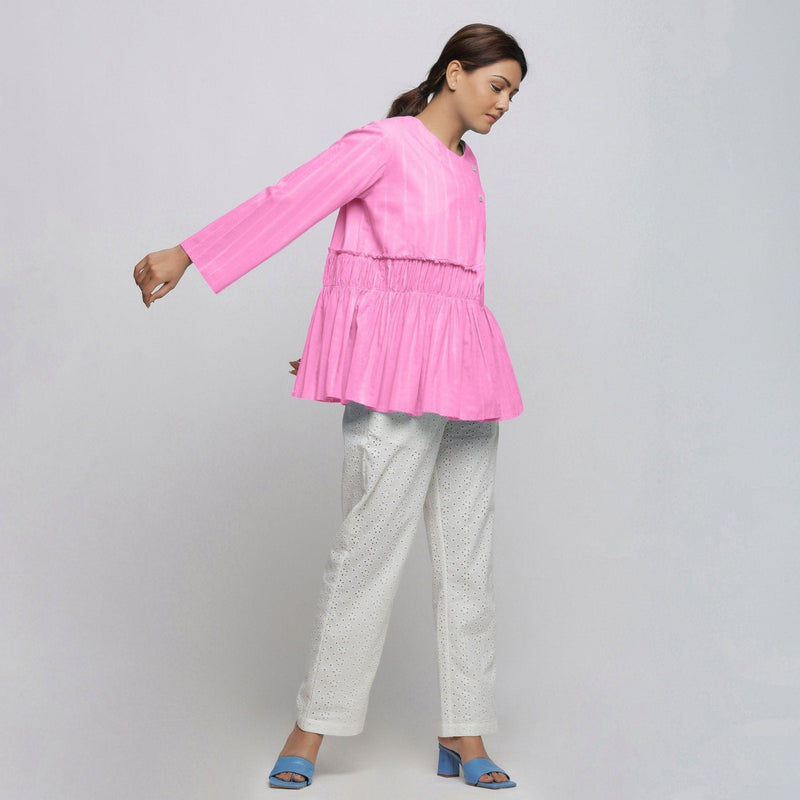 Right View of a Model wearing Pink Tie Dyed Anti-Fit Outerwear