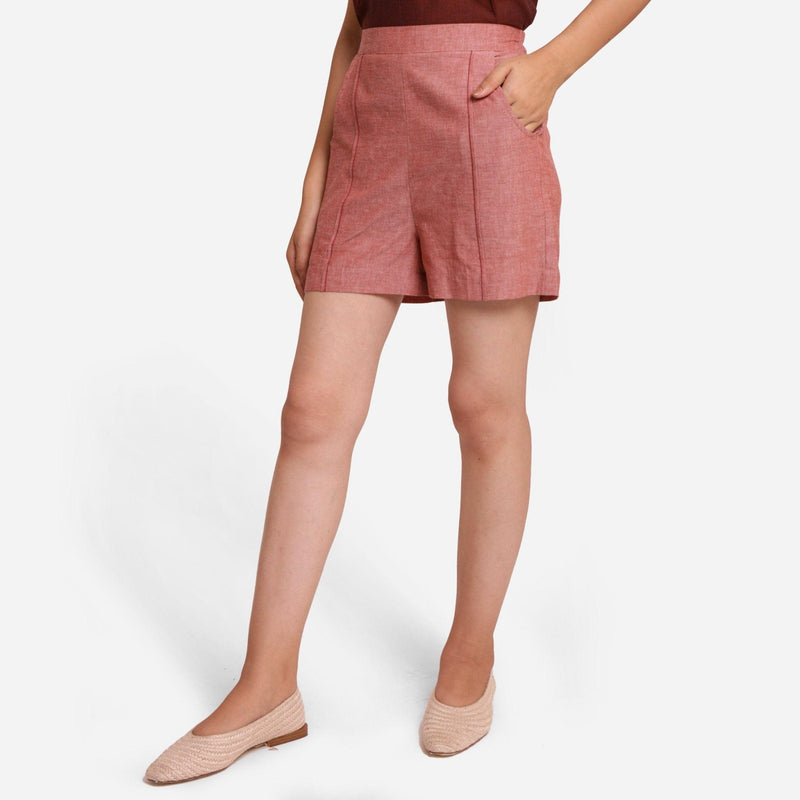 Front View of a Model wearing Pink Mangalgiri Casual Cotton Shorts