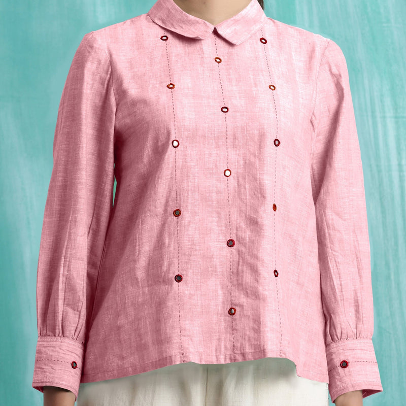 Pink Mirror Work Cotton Flax Blouse Top