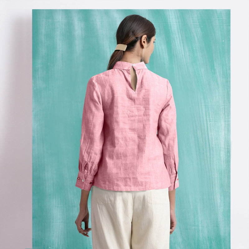 Pink Mirror Work Cotton Flax Blouse Top