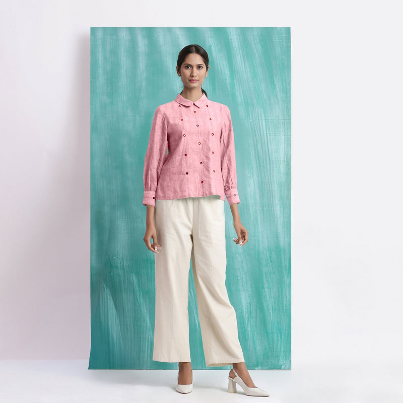 Pink Mirror Work Cotton Flax Blouse Top