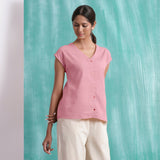 Pink Mirror Work Cotton Flax Drop Shoulder Top