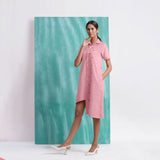 Pink Mirror Work Cotton Flax Knee Length Asymmetrical Dress