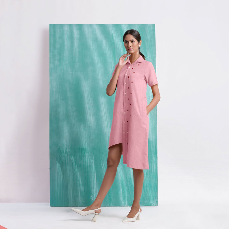 Pink Mirror Work Cotton Flax Knee Length Asymmetrical Dress