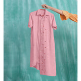 Pink Mirror Work Cotton Flax Knee Length Asymmetrical Dress