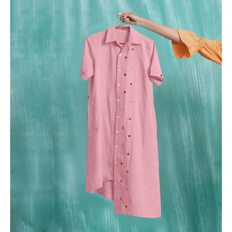 Pink Mirror Work Cotton Flax Knee Length Asymmetrical Dress