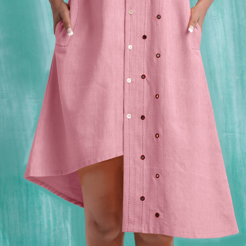Pink Mirror Work Cotton Flax Knee Length Asymmetrical Dress