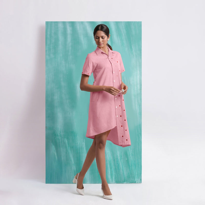 Pink Mirror Work Cotton Flax Knee Length Asymmetrical Dress