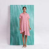 Pink Mirror Work Cotton Flax Knee Length Asymmetrical Dress