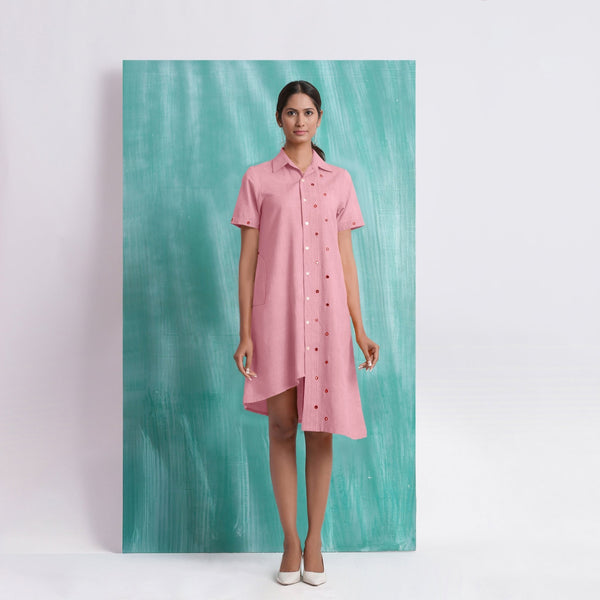 Pink Mirror Work Cotton Flax Knee Length Asymmetrical Dress
