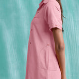 Pink Mirror Work Cotton Flax Knee Length Asymmetrical Dress