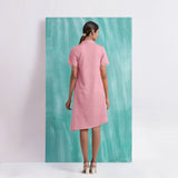 Pink Mirror Work Cotton Flax Knee Length Asymmetrical Dress
