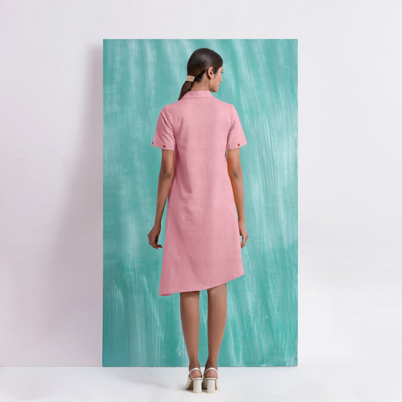 Pink Mirror Work Cotton Flax Knee Length Asymmetrical Dress