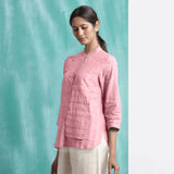 Pink Mirror Work Cotton Flax Mandarin Collar Top