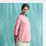 Pink Mirror Work Cotton Flax Mandarin Collar Top