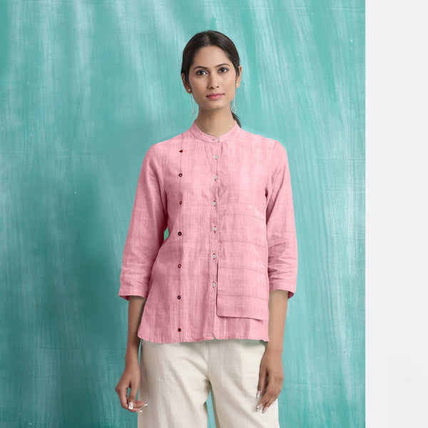 Pink Mirror Work Cotton Flax Mandarin Collar Top