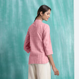 Pink Mirror Work Cotton Flax Mandarin Collar Top