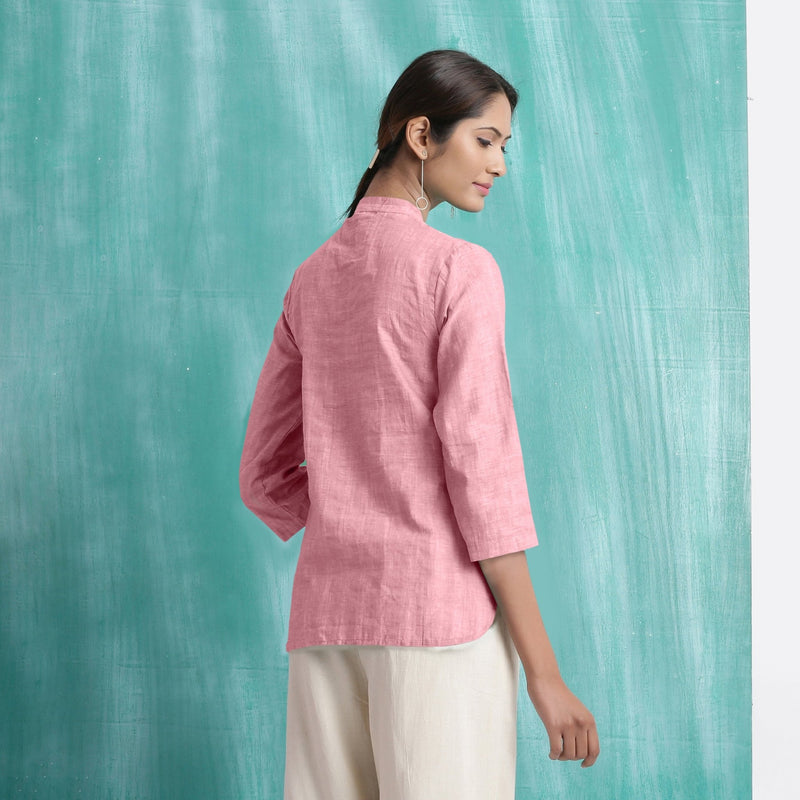 Pink Mirror Work Cotton Flax Mandarin Collar Top