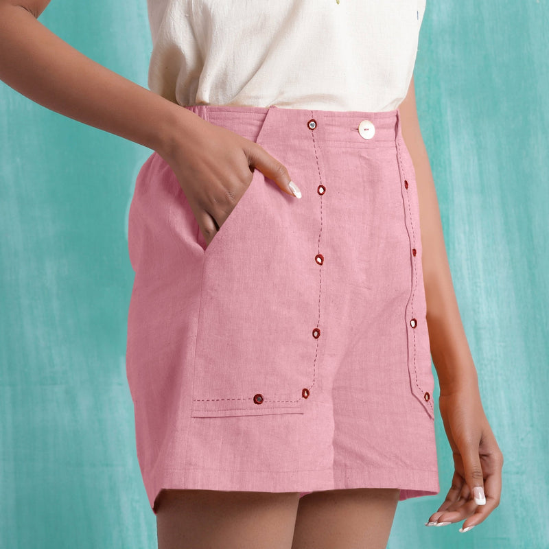 Pink Mirror Work Cotton Flax Mid-Rise Elasticated Shorts