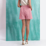 Pink Mirror Work Cotton Flax Mid-Rise Elasticated Shorts