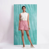 Pink Mirror Work Cotton Flax Mid-Rise Elasticated Shorts