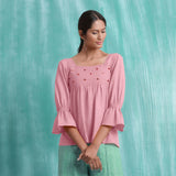 Pink Mirror Work Cotton Flax Poet Sleeves Yoked Top