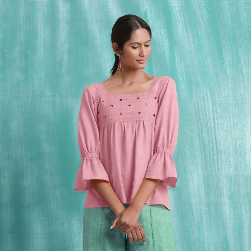Pink Mirror Work Cotton Flax Poet Sleeves Yoked Top