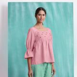 Pink Mirror Work Cotton Flax Poet Sleeves Yoked Top