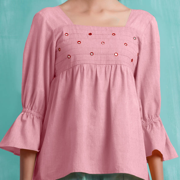 Pink Mirror Work Cotton Flax Poet Sleeves Yoked Top