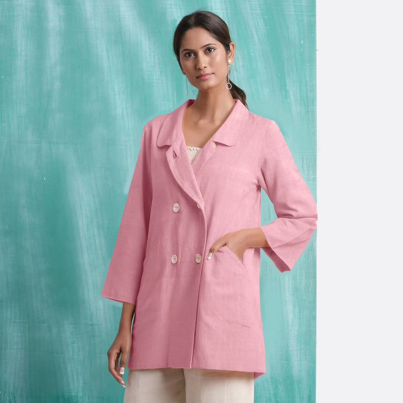 Pink Mirror Work Cotton Flax Welt Pocket Coat