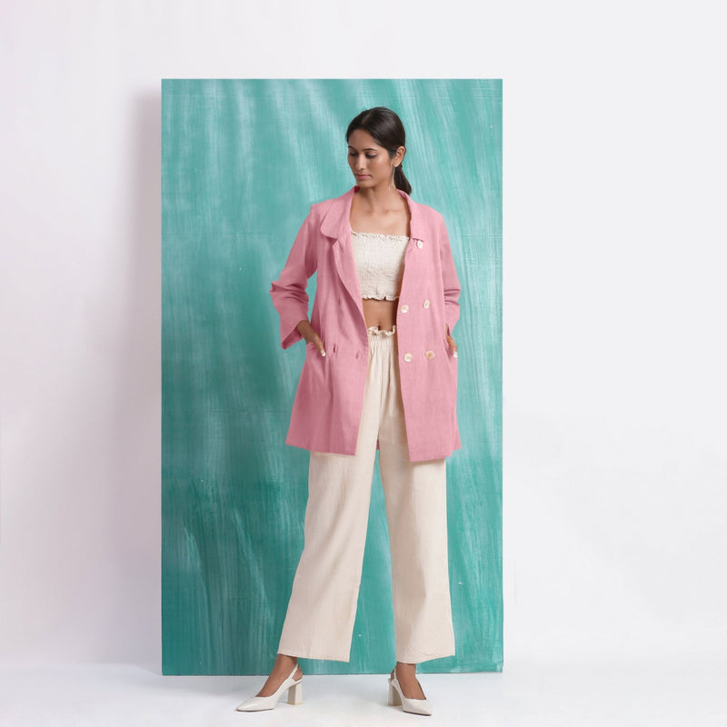 Pink Mirror Work Cotton Flax Welt Pocket Coat