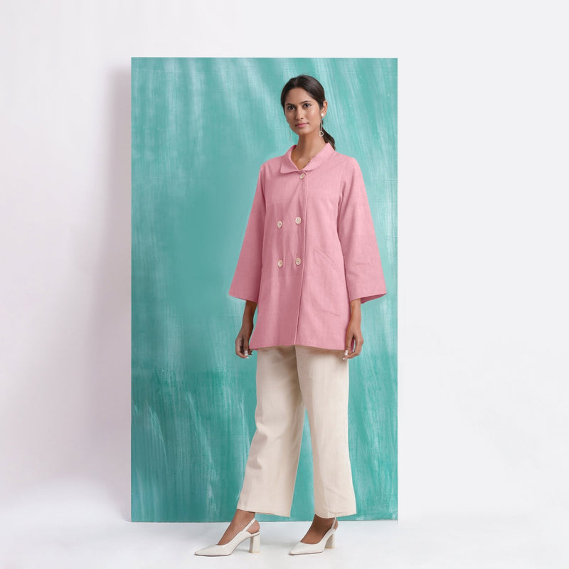 Pink Mirror Work Cotton Flax Welt Pocket Coat