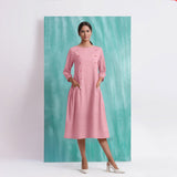 Pink Mirror Work Embroidered Cotton Flax Paneled Midi Dress